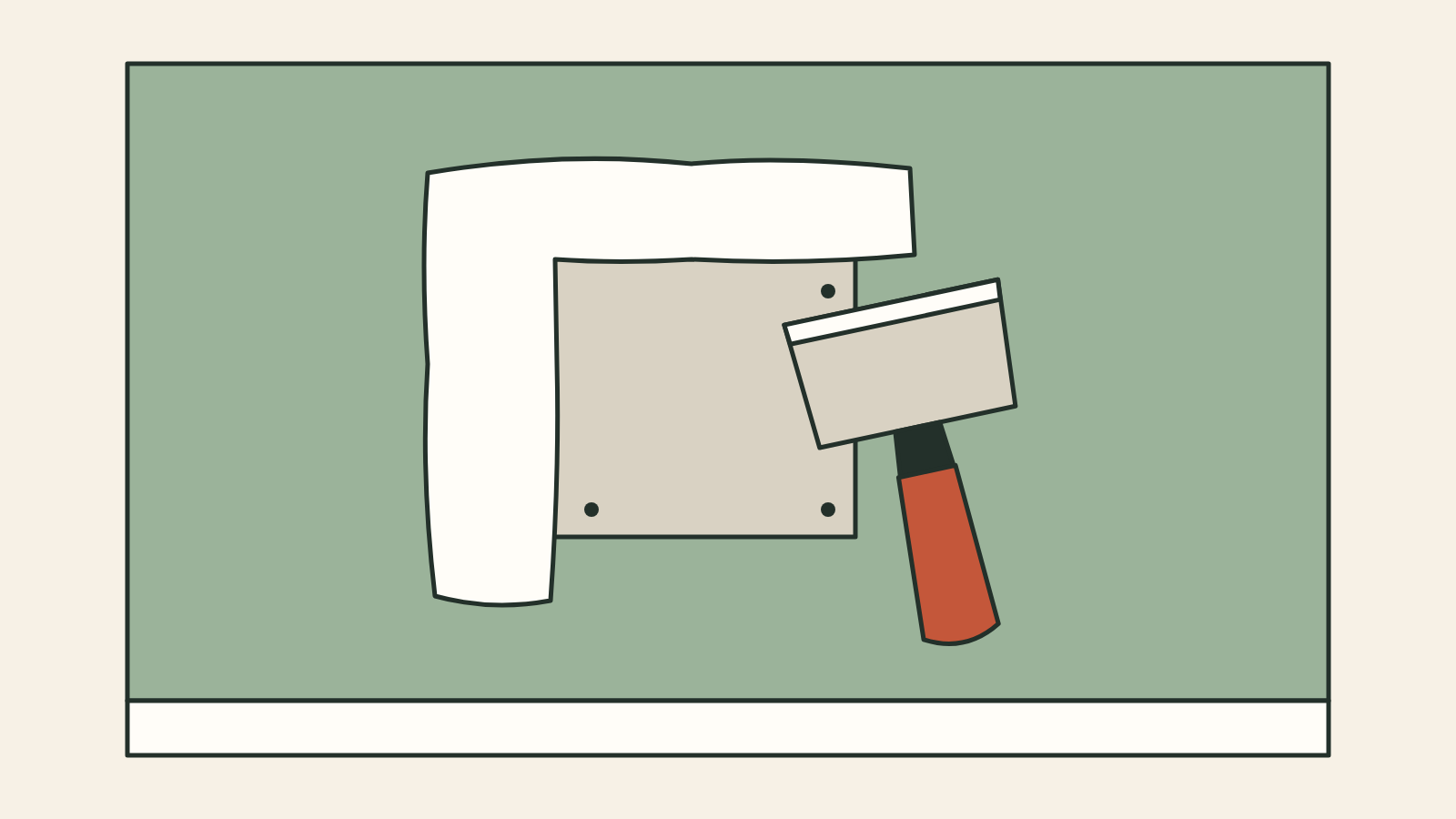 Illustration of a square drywall patch screwed into a painted wall, with joint compound feathered over two seams and a wide knife spreading it over the third.