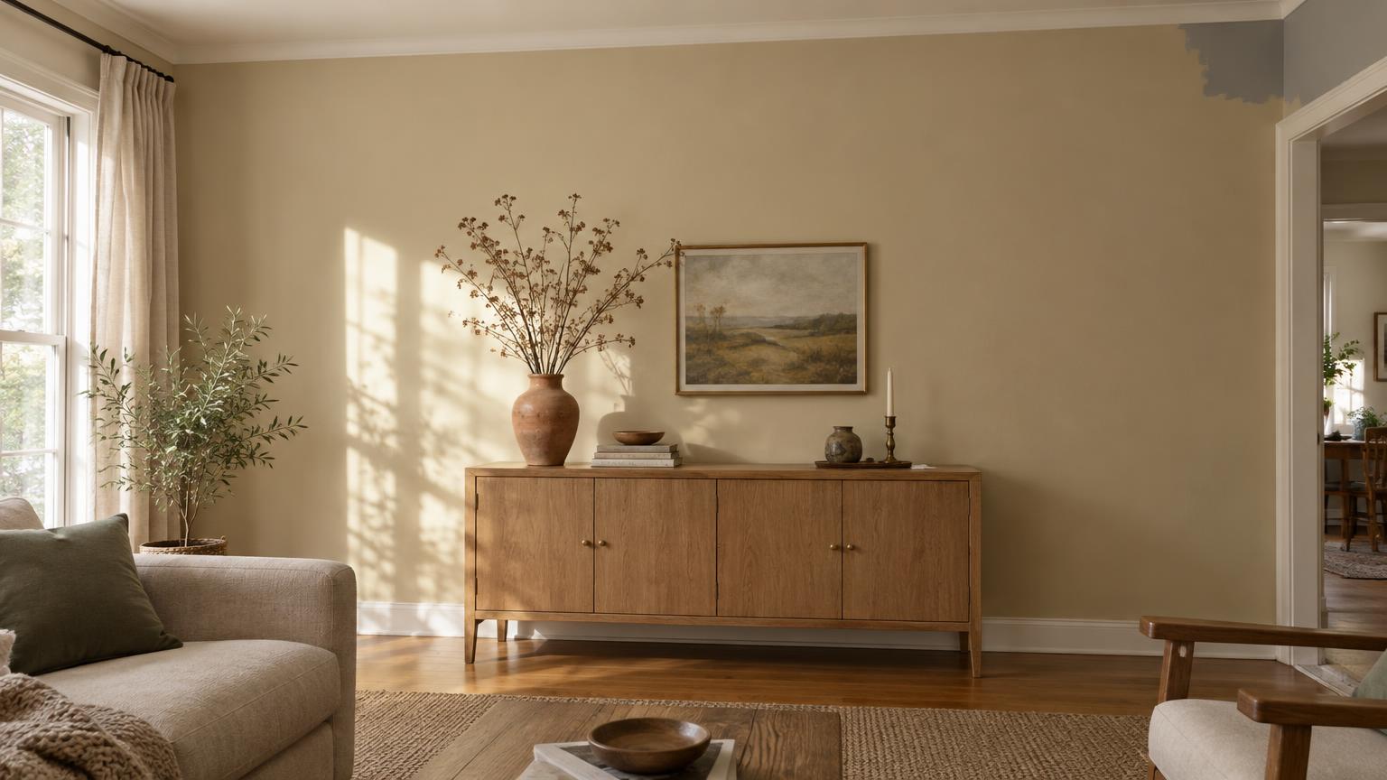 A living room wall painted warm khaki-cream above an oak sideboard with a terracotta vase, with a patch of the old cool gray paint left in the corner.