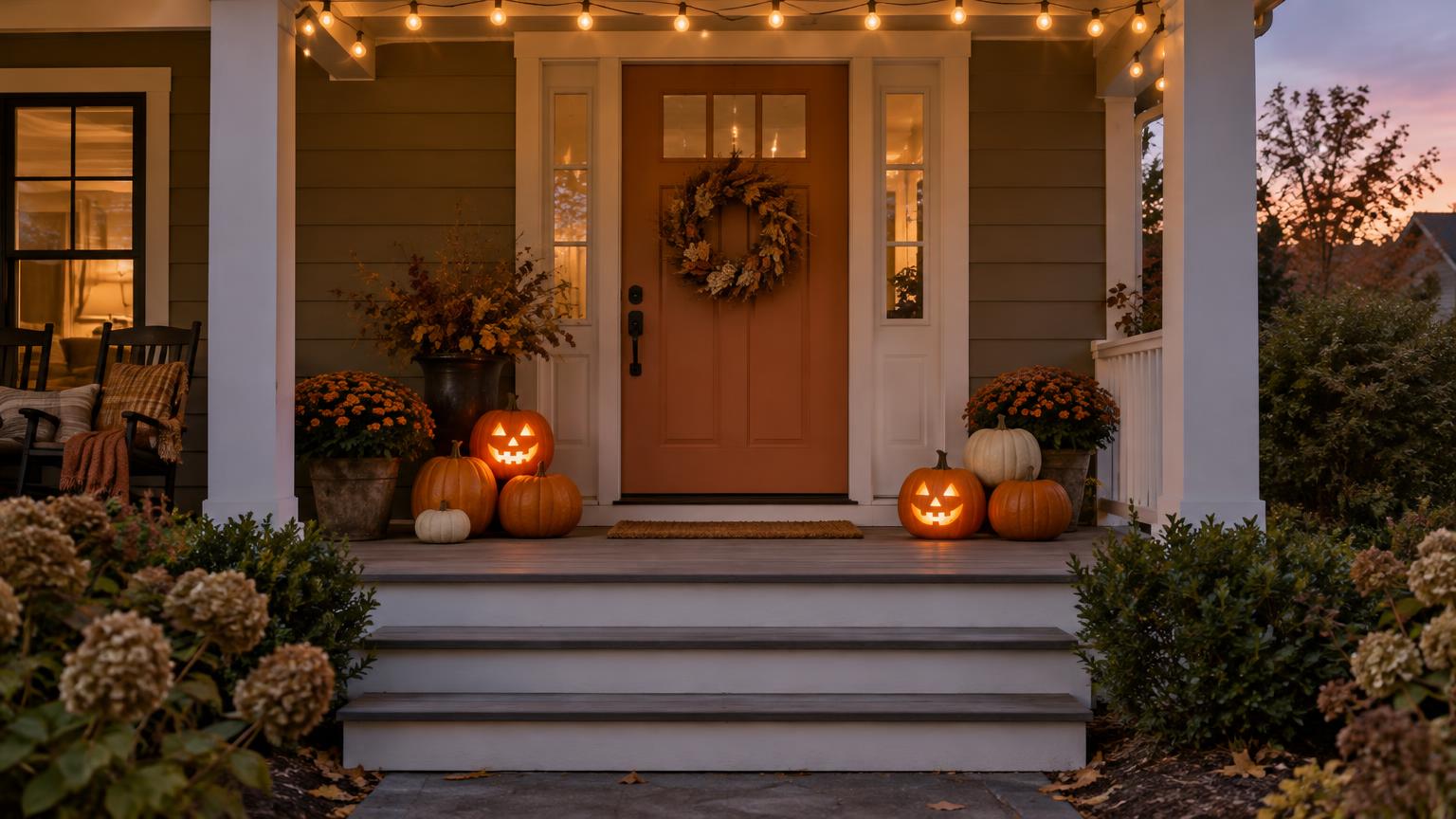 A front porch at dusk with lit jack-o-lanterns, stacked pumpkins, mums, a dried-leaf wreath on a terracotta door and string lights.