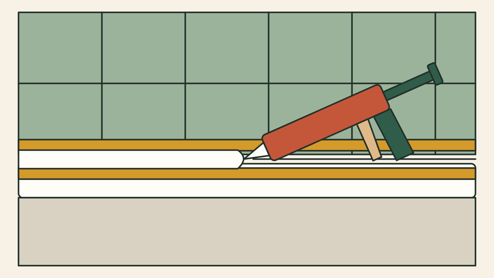 Illustration of a caulk gun laying a white bead along the joint between a bathtub rim and wall tiles, with painter's tape above and below the joint.