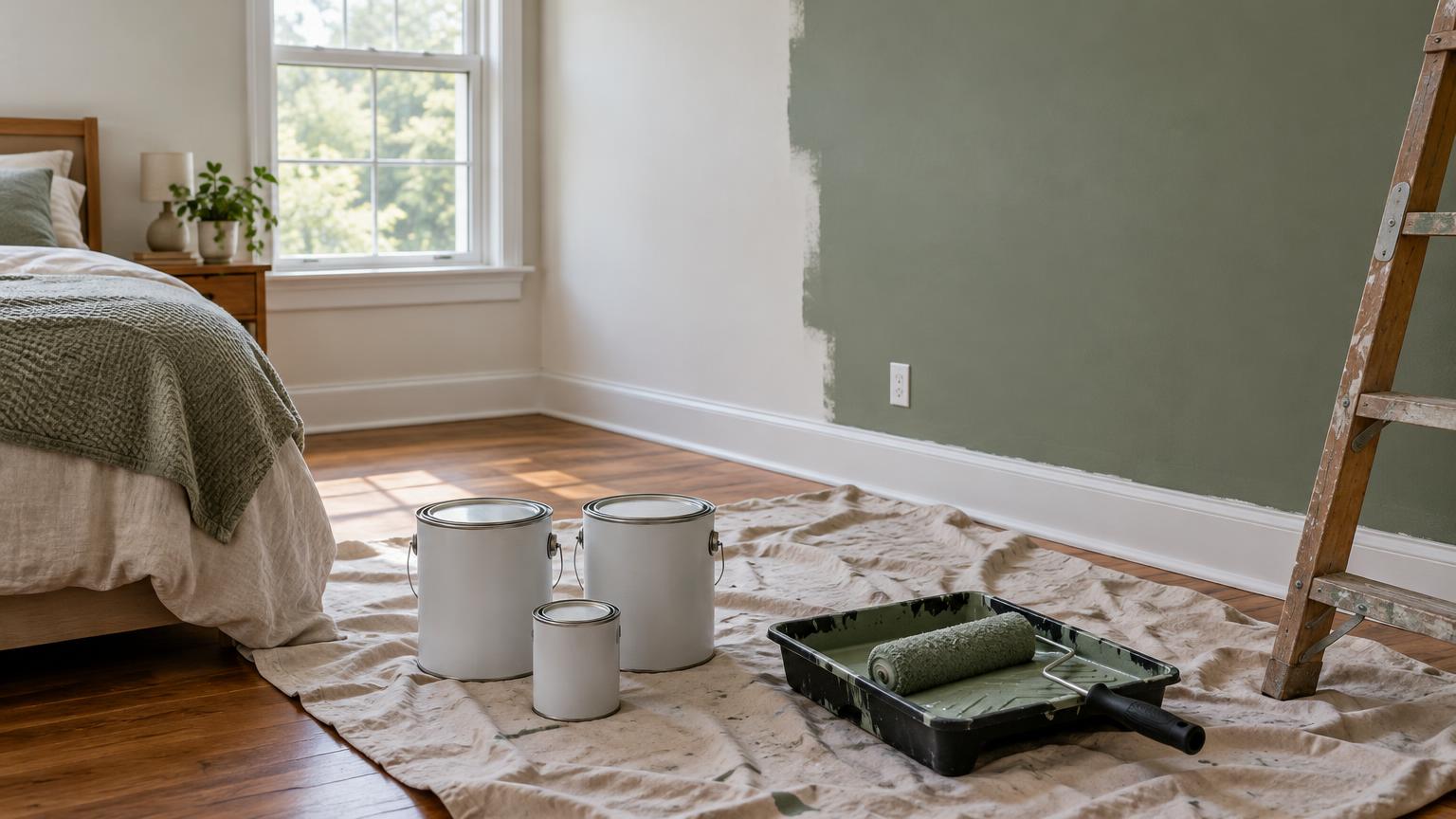 A bedroom mid-repaint with two gallon cans, a quart can and a roller tray on a drop cloth, and one wall half-rolled in sage green.