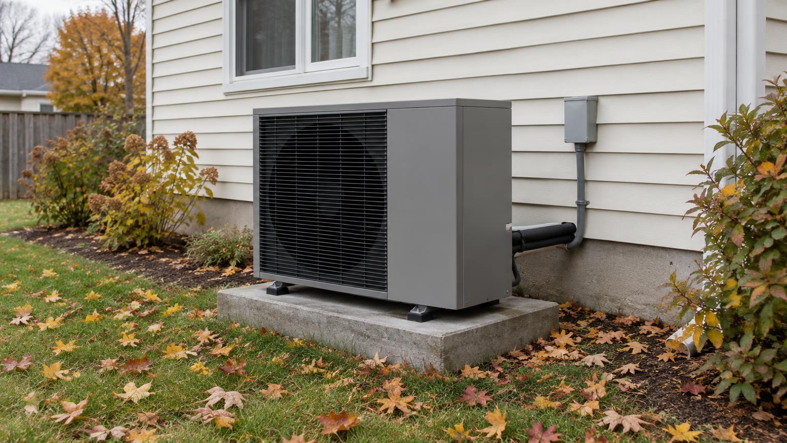 An outdoor heat pump unit on a concrete pad beside the cream siding of a house, with autumn leaves on the lawn.