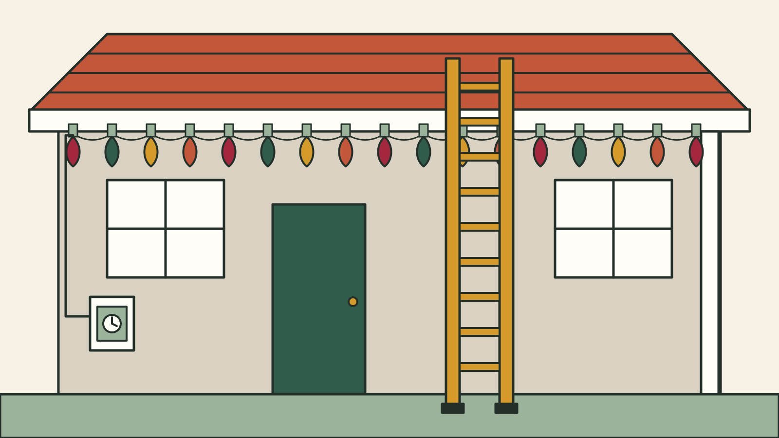An illustrated house with Christmas bulbs held on the gutter by plastic clips, an extension ladder whose rails extend above the roof edge, and the light cord running down to a wall outlet with a timer.