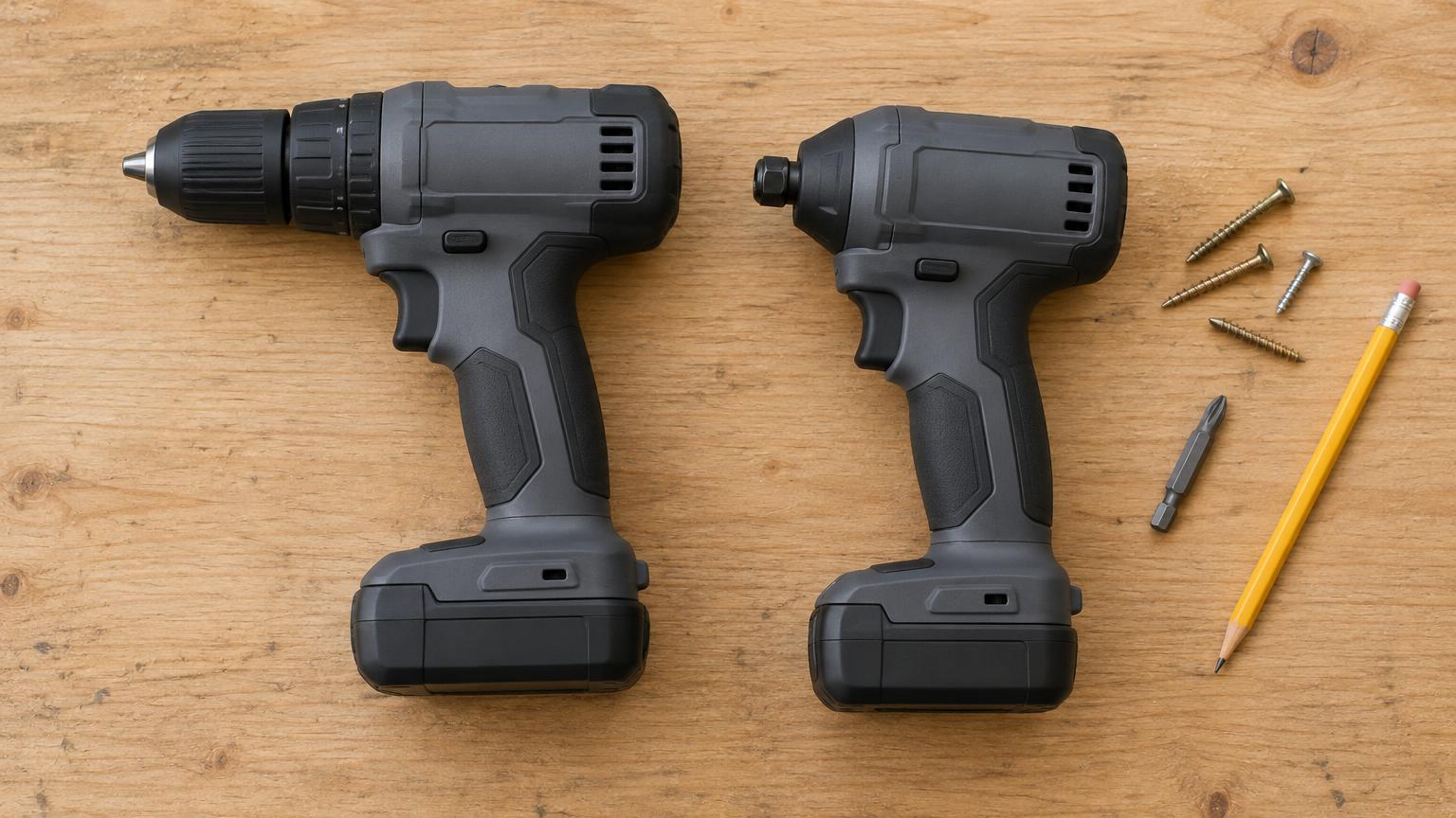 A cordless drill with a keyless chuck beside a compact impact driver with a hex collet on a wooden workbench, with screws, a bit and a pencil.